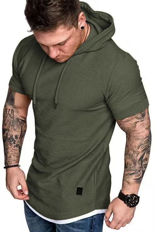 New summer hooded T-shirt men's solid color men's short sleeve T-shirt hoodie
