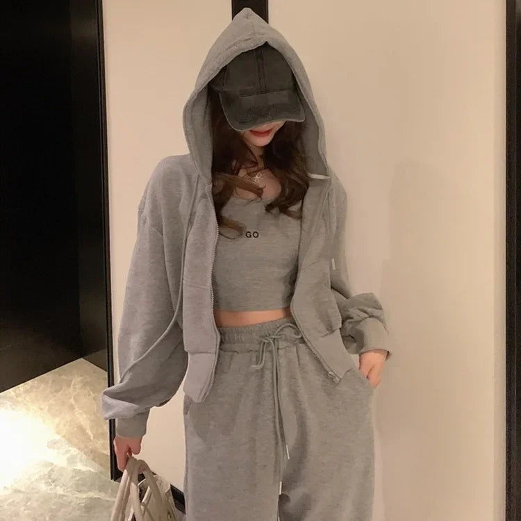Plus Size 2024 Spring New Style Casual Sports Suit Women's Trousers Zipper Sweatshirt Jacket Tank Three Piece Set Trendy