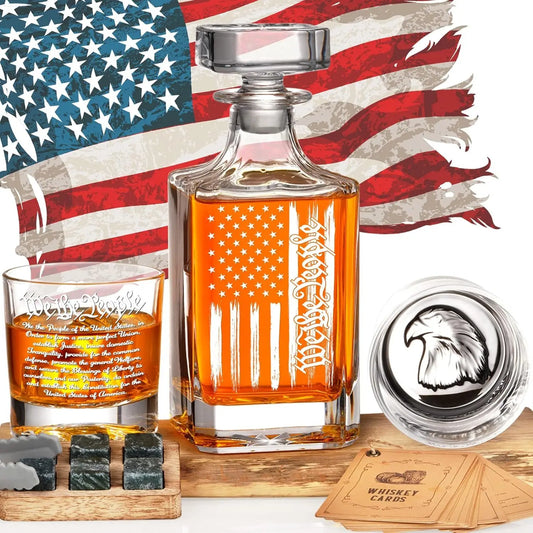 Whiskey Decanter Engraved We The People American Flag, 750ml Whiskey Decanter Set with 2 Glasses,  Liquor Scotch Bourbon Present