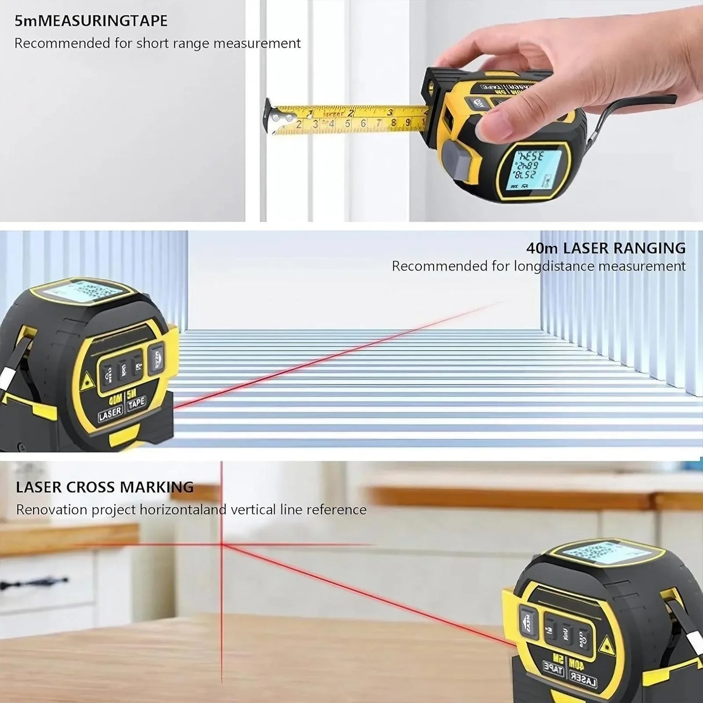 40m Laser 5m Steel Tape Measure - Digital Display Durable Non-slip Accurate Measurement Hook Loop 1PC