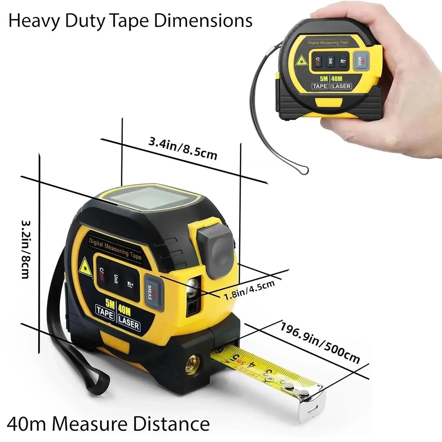 40m Laser 5m Steel Tape Measure - Digital Display Durable Non-slip Accurate Measurement Hook Loop 1PC