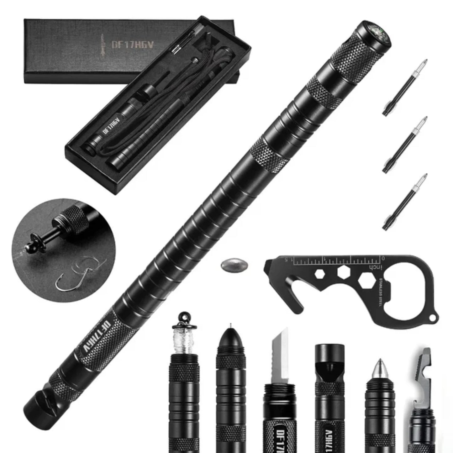 Multifunctional Outdoor Tactical Pen,  Survival Gear, , Rescue Supplies, Hiking,Camping Survival Tool with Compass Life straw