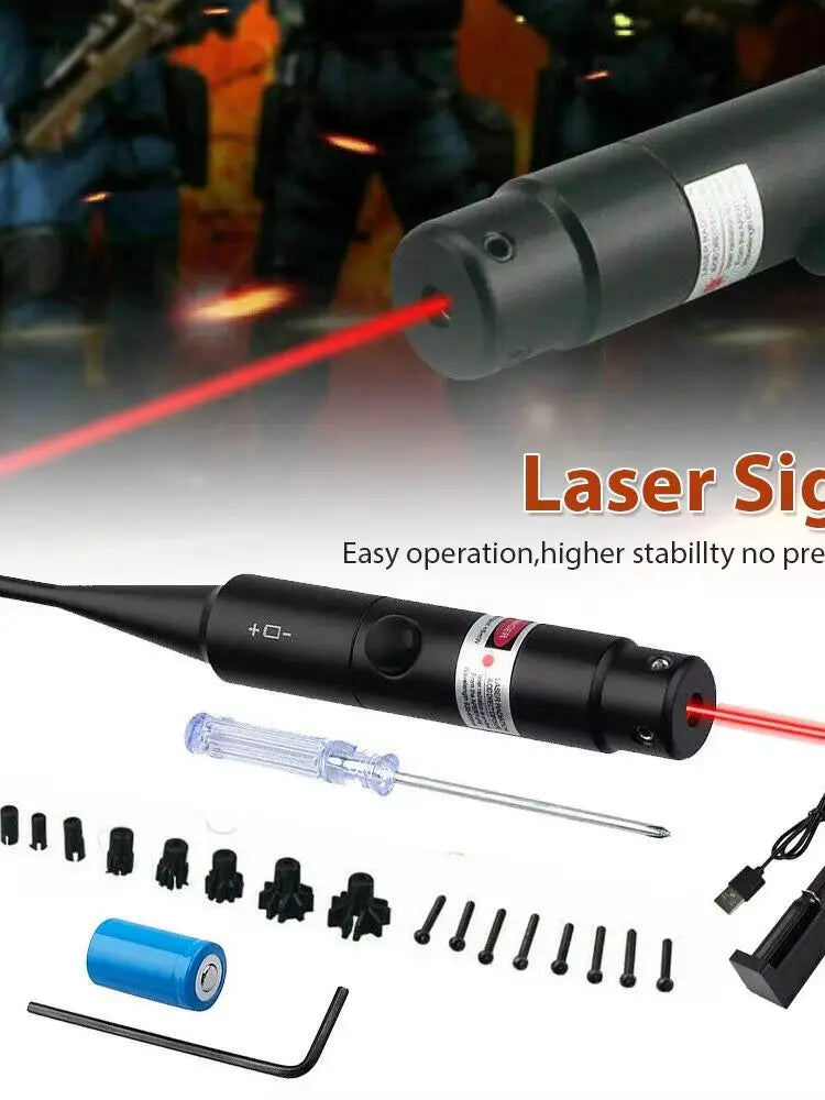 Red Laser Bore Sight Kit For.17 To 12GA Caliber Rifles & Pistols -With Big Button Switch, 16 Adapters And Arbors Included, Adjus