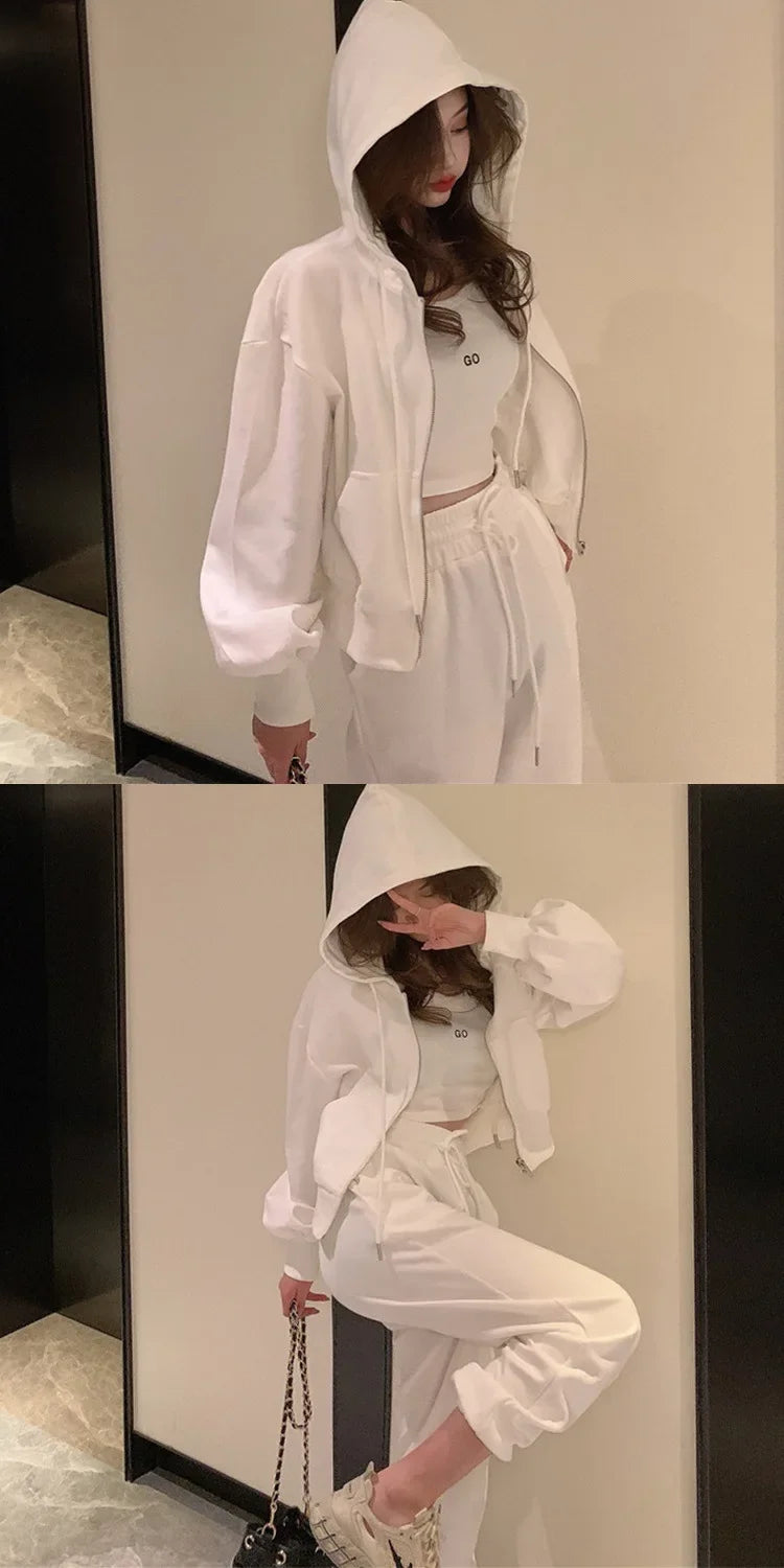 Plus Size 2024 Spring New Style Casual Sports Suit Women's Trousers Zipper Sweatshirt Jacket Tank Three Piece Set Trendy