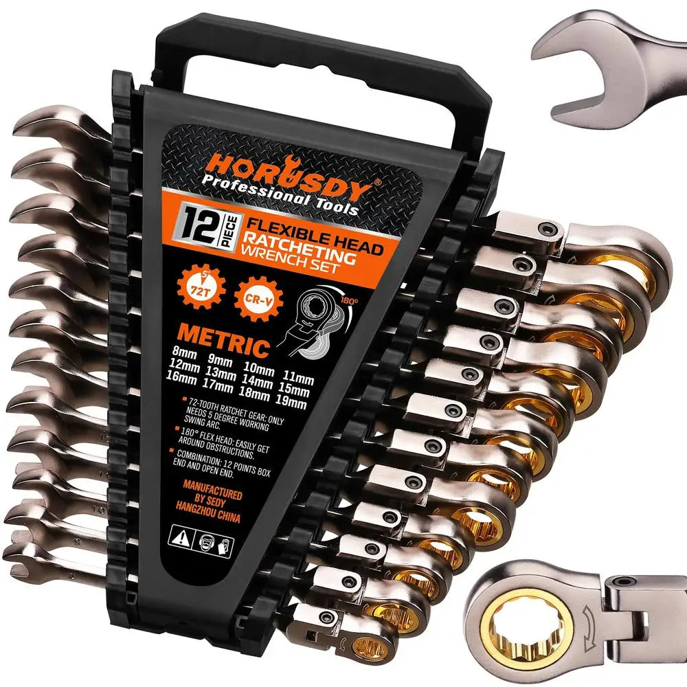 Metric Flex-Head Ratchet Wrench Set 8-19mm 72-Tooth Chrome Vanadium Storage Rack