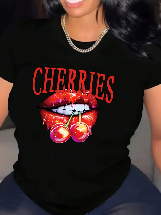 Ladies casual summer pattern T-shirt - cherry and kiss design white short sleeved T-shirt plus size