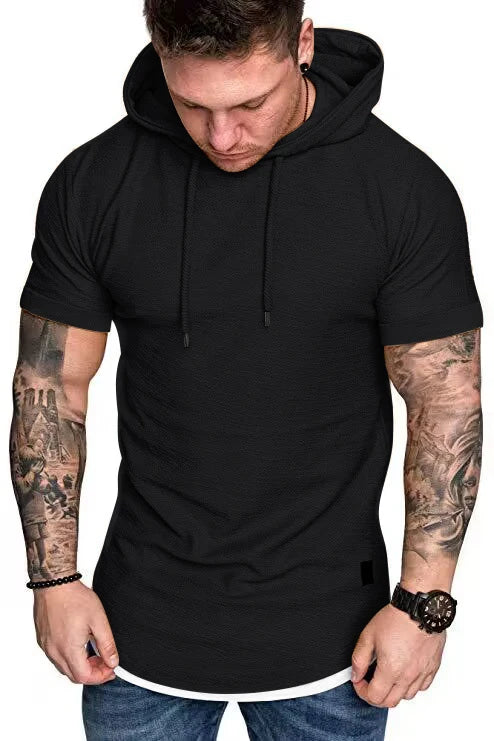 New summer hooded T-shirt men's solid color men's short sleeve T-shirt hoodie