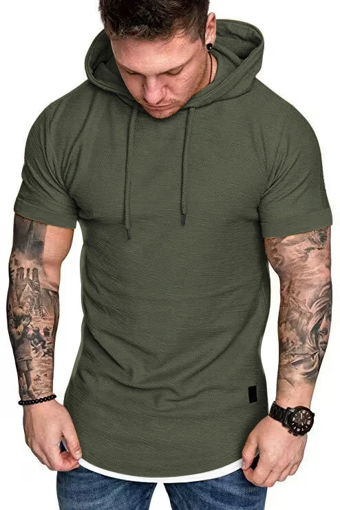 New summer hooded T-shirt men's solid color men's short sleeve T-shirt hoodie