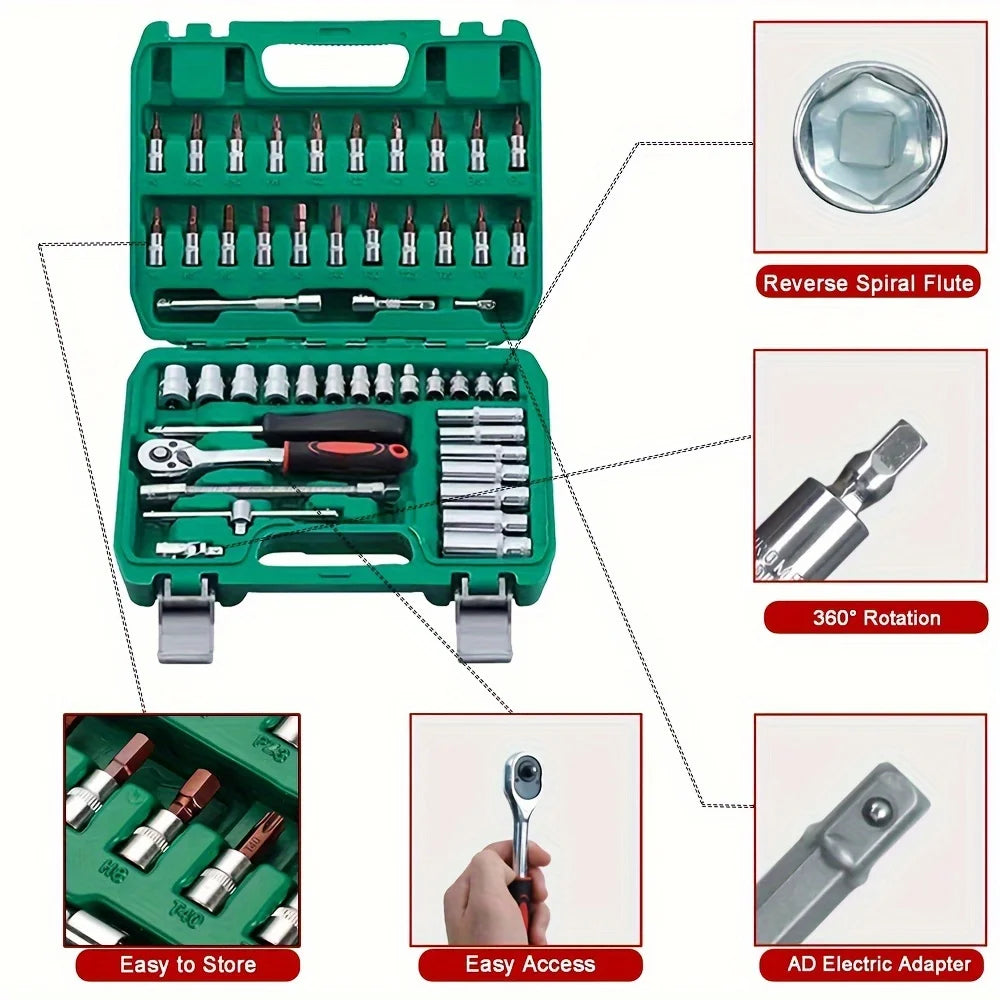 53pcs, 1/4 Inch Drive Socket Ratchet Wrench Set, Bit Socket, Metric And Extension Bar Set For Automotive Repair﻿