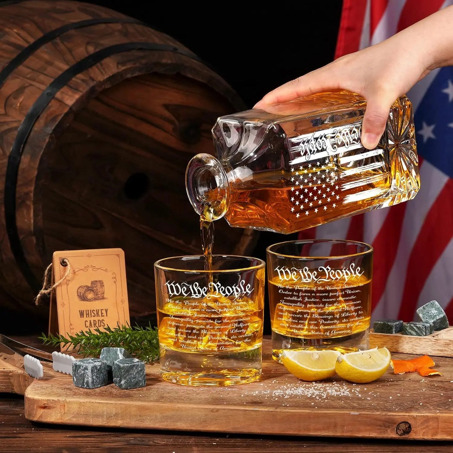 Whiskey Decanter Engraved We The People American Flag, 750ml Whiskey Decanter Set with 2 Glasses,  Liquor Scotch Bourbon Present