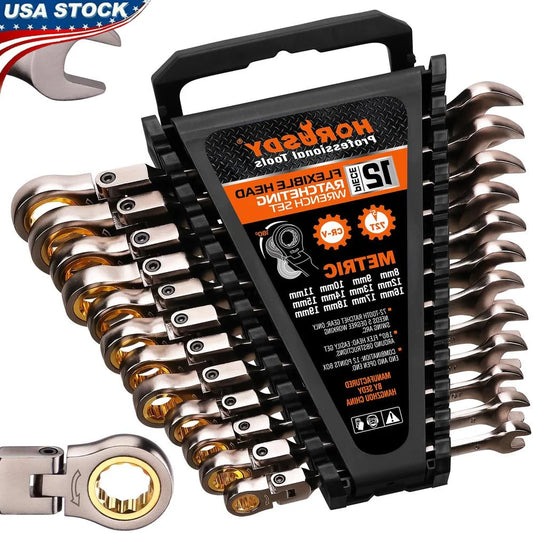 Metric Flex-Head Ratchet Wrench Set 8-19mm 72-Tooth Chrome Vanadium Storage Rack