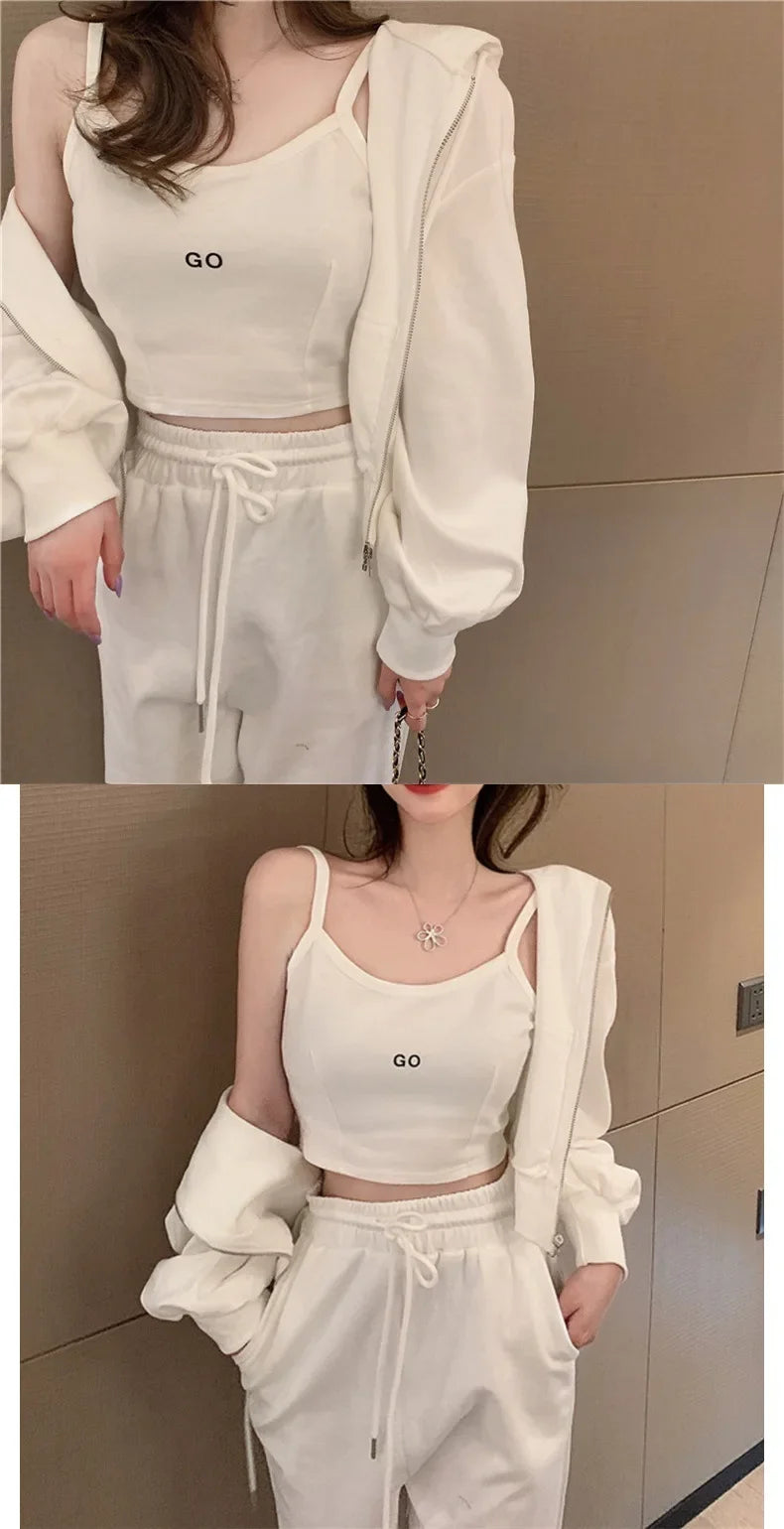 Plus Size 2024 Spring New Style Casual Sports Suit Women's Trousers Zipper Sweatshirt Jacket Tank Three Piece Set Trendy