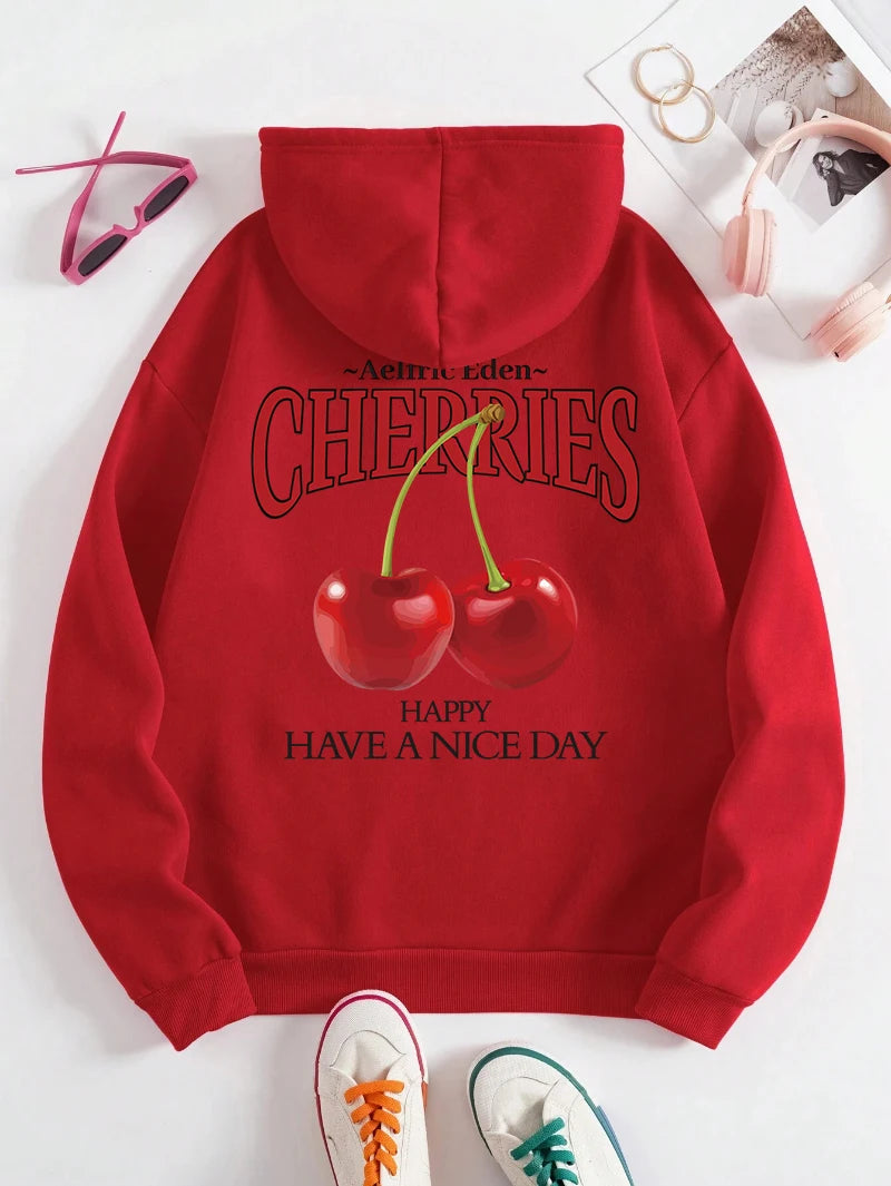 Aelfric Eden Cherries Hoodies Womens Cherry Printing Sweatshirt Soft Breathable Loose Pocket Pullover Winter Womans Streetwear