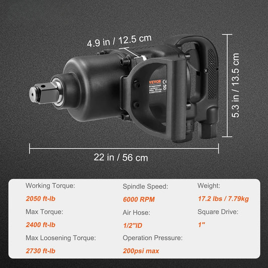 1 Inch Air Impact Wrench, Up to 2730 ft-lbs Reverse Torque Output 1" Pneumatic Impact Gun Lightweight w/ 2 Handles