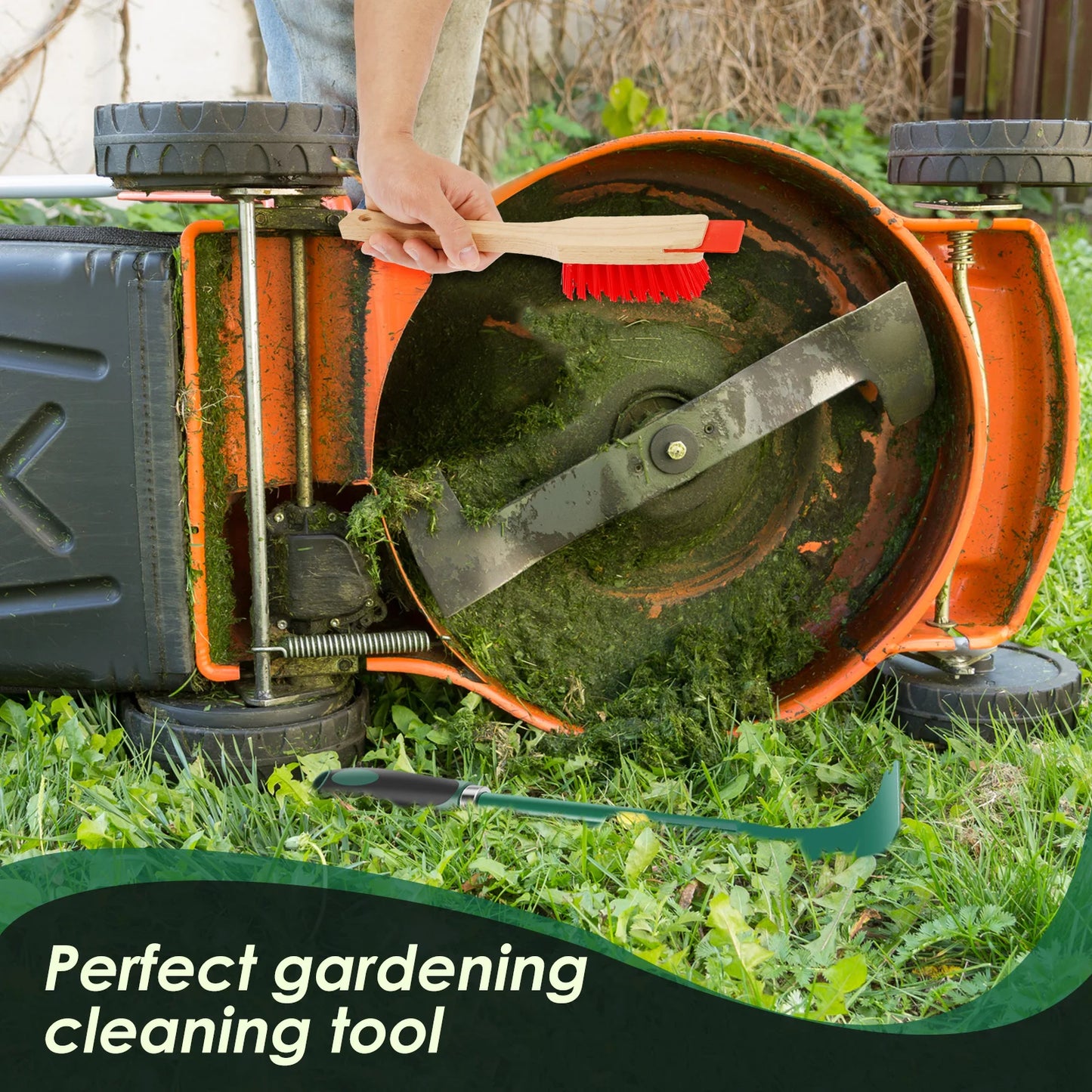Mower Deck Scraper Deck Cleaner Tool with Stiff Bristle Brush Lawn Mower Longhandle Maintenance Scraper Cleaning Tool for Garden