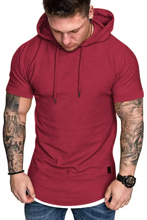 New summer hooded T-shirt men's solid color men's short sleeve T-shirt hoodie