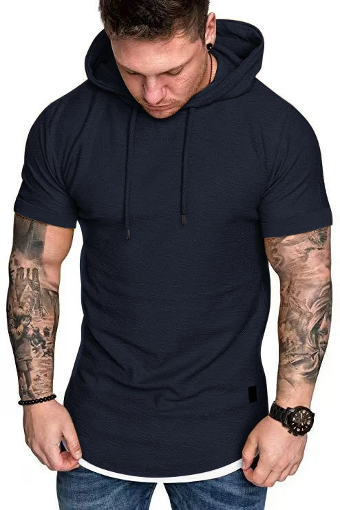 New summer hooded T-shirt men's solid color men's short sleeve T-shirt hoodie