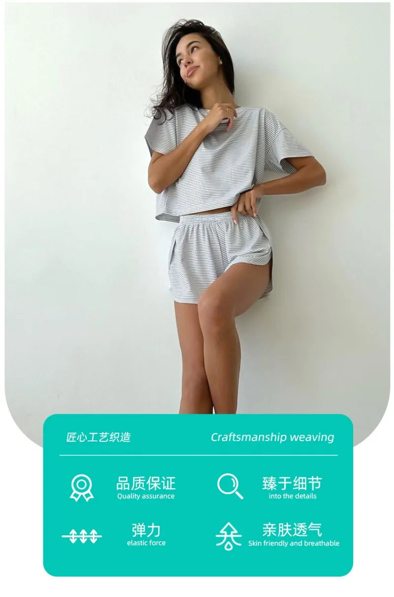 Women's Stripe Pajamas Set Short Sleeve T-Shirt And Shorts Sleepwear 2 Piece Set For Women Home Casual Loose Round Neck Pajamas