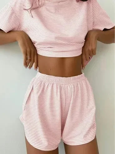 Women's Stripe Pajamas Set Short Sleeve T-Shirt And Shorts Sleepwear 2 Piece Set For Women Home Casual Loose Round Neck Pajamas