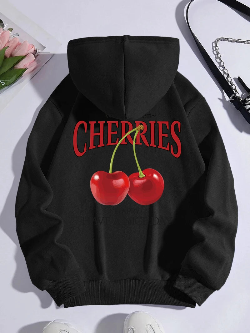 Aelfric Eden Cherries Hoodies Womens Cherry Printing Sweatshirt Soft Breathable Loose Pocket Pullover Winter Womans Streetwear