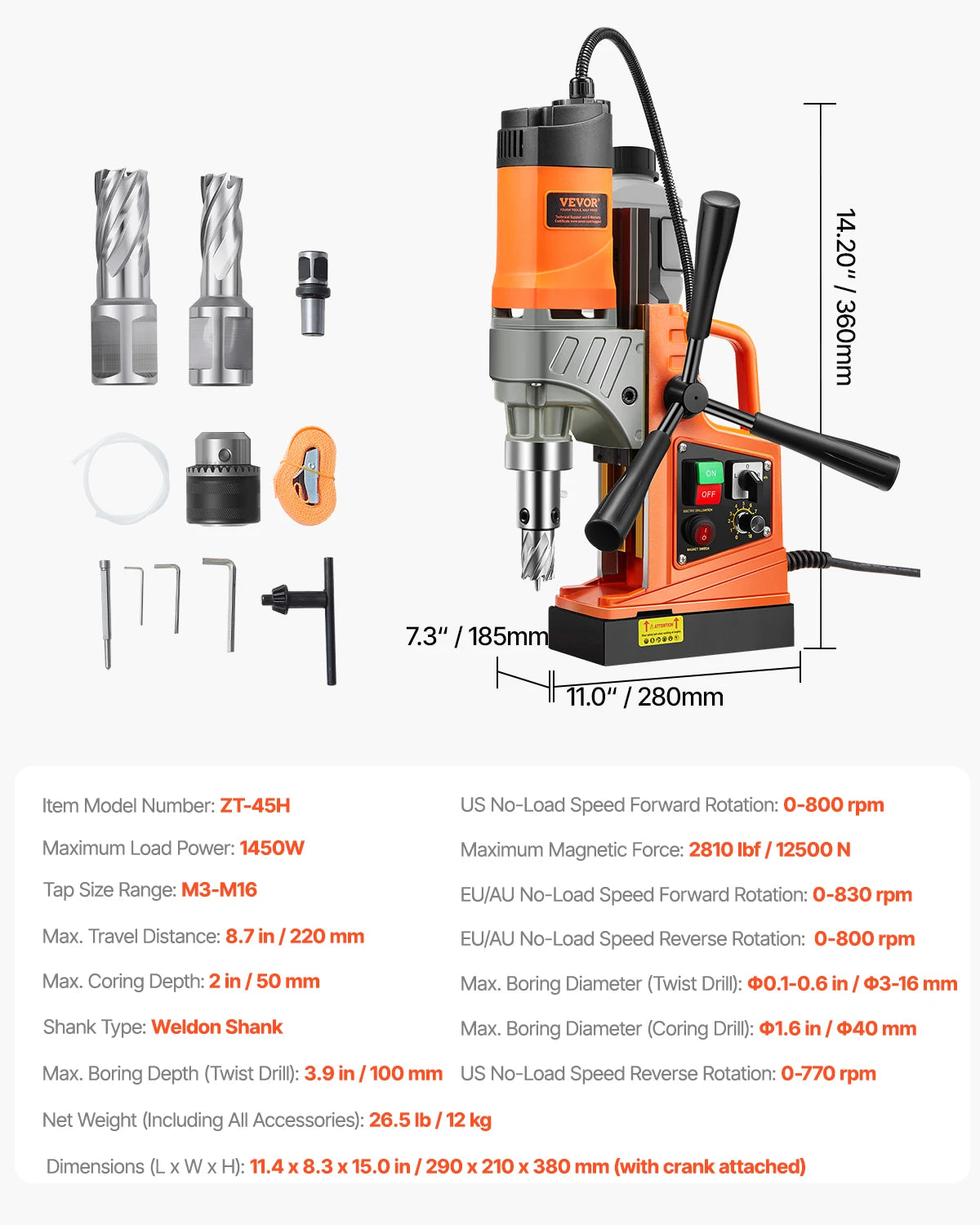 VEVOR Magnetic Drill 1450W Motor Boring Diameter 2810 lbf Portable Electric Mag Drill Press Variable Speed Drilling Machine