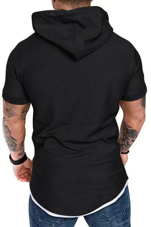 New summer hooded T-shirt men's solid color men's short sleeve T-shirt hoodie