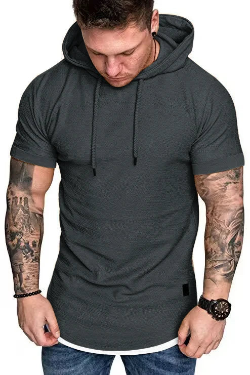 New summer hooded T-shirt men's solid color men's short sleeve T-shirt hoodie