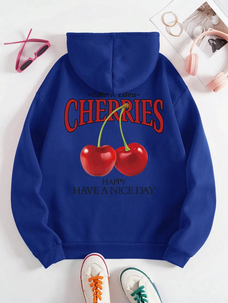 Aelfric Eden Cherries Hoodies Womens Cherry Printing Sweatshirt Soft Breathable Loose Pocket Pullover Winter Womans Streetwear