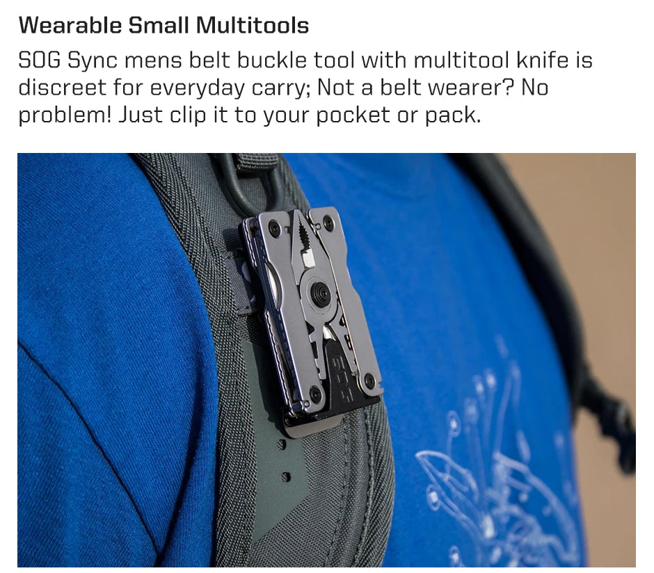 SOG Sync I & II Multitool Belt Buckle EDC Mini Multi Tool Gadgets for Men, Folding Pliers, Knife and 12 Survival Tools Kit Sets