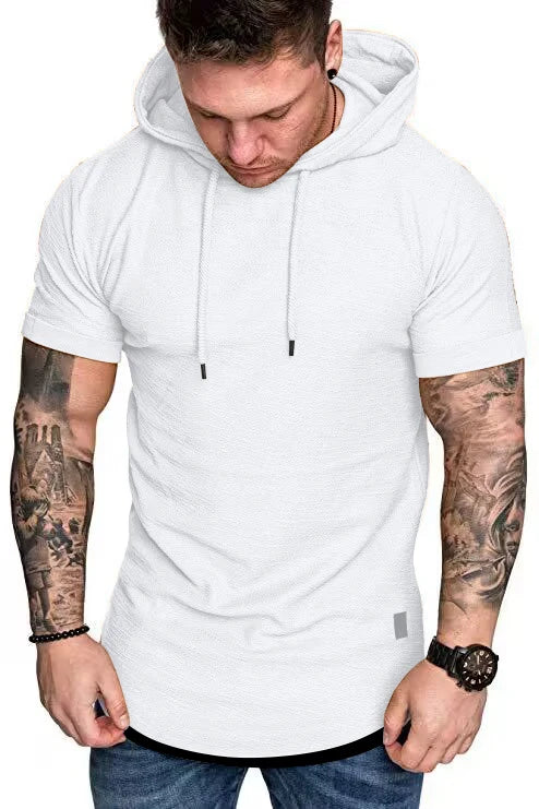 New summer hooded T-shirt men's solid color men's short sleeve T-shirt hoodie